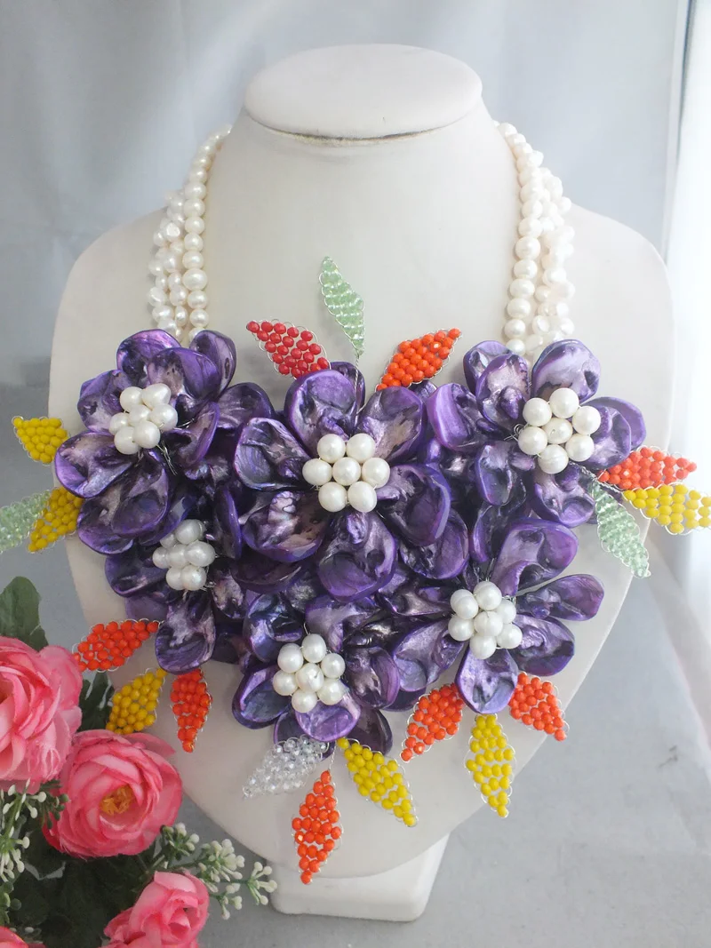 

Fashion Handmade Purple Shell Flower With Pearl Jewlery Necklace 22"