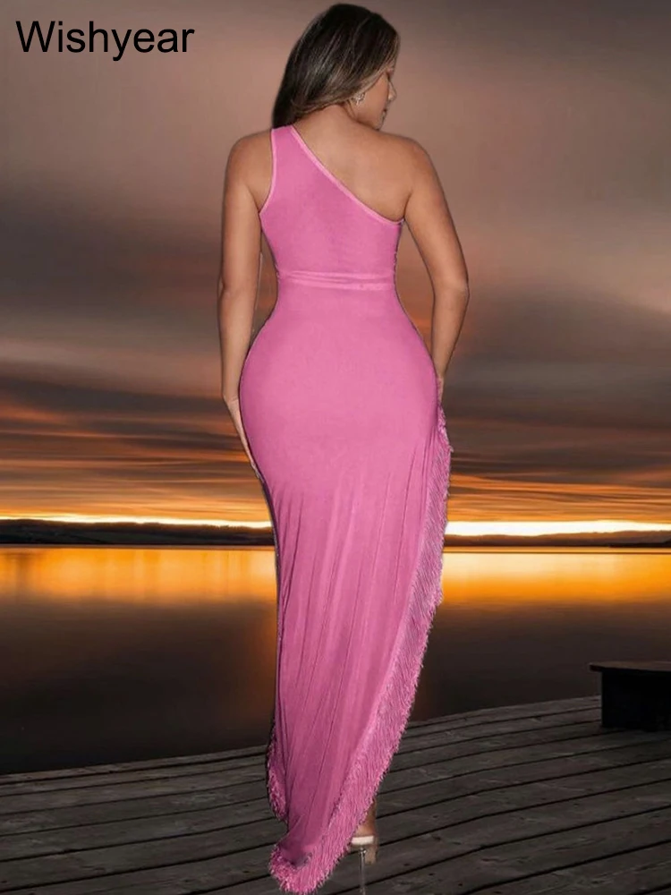 New Diamonds One Shoulder Tassel Irregular Pink Dress Women’s Sexy Sleeveless Slim Lady Club Party Birthday Night Maxi Long Robe