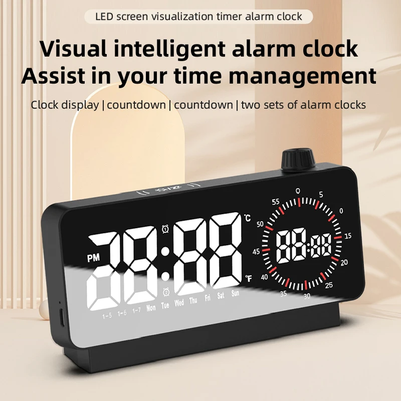 Digital Alarm Clock with Visual Timer LED Table Watch Electronic Bedside Desk Clock with Temperature and Date Display