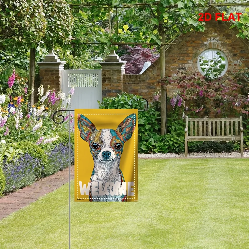 1pc Boho Chihuahua Welcome Garden Flag 2D Flat Printed Yard Banner For Outdoor Patio Lawn Decor