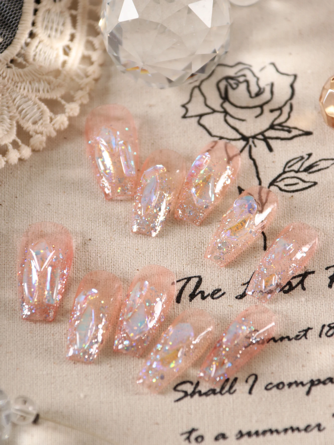 10 Stück Press on Nails im französischen Stil, handgezeichnet, glänzend und funkennd, Büro-Alltagskleidung, falsche Nägel, künstliche Nägel, Kit, Nagelkunst, DIY