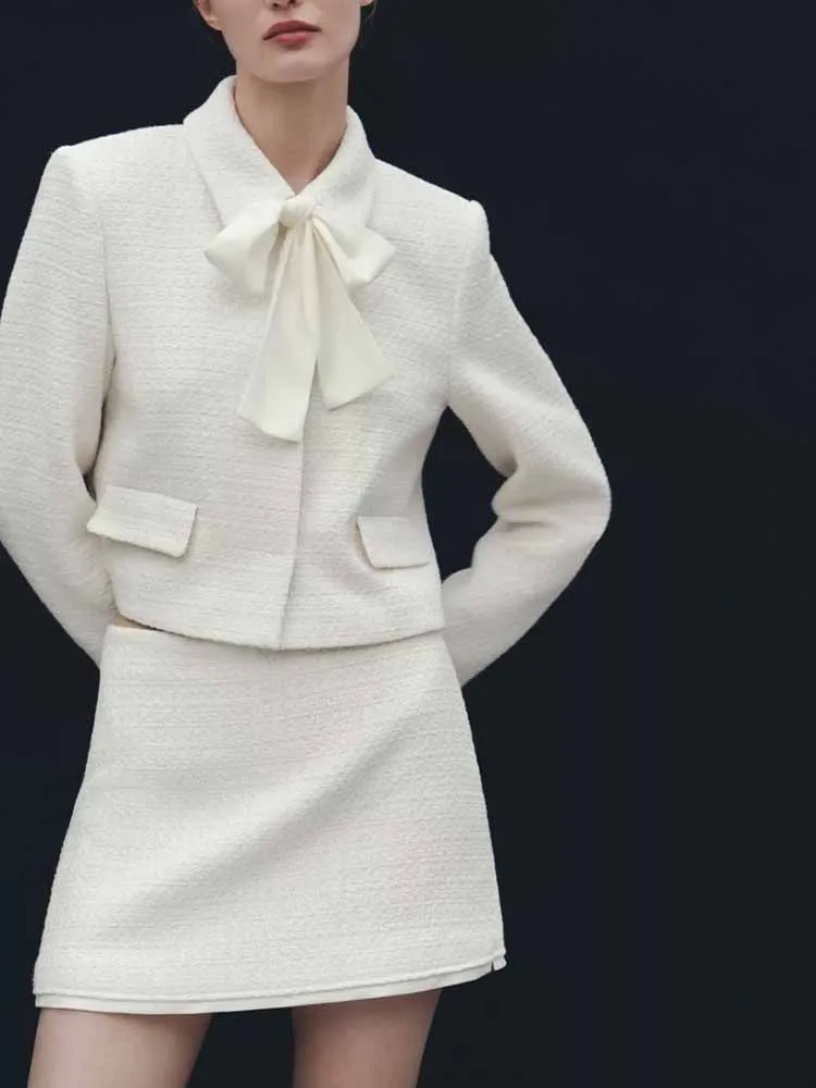 

European and American style spring new women's clothing bow-decorated textured casual suit jacket skirt pants suit