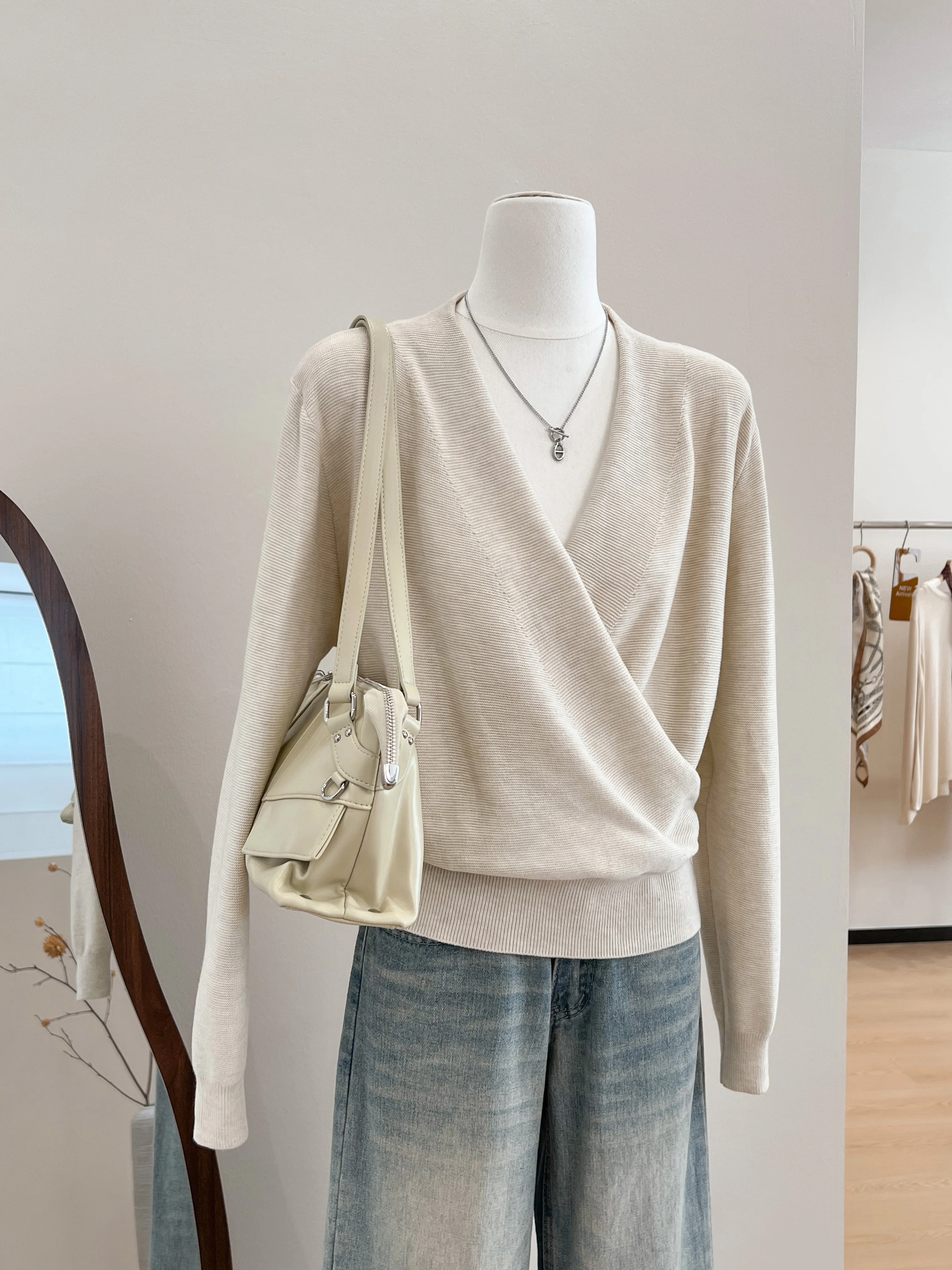Women Wrap V Neck Knit Sweater Long Sleeve Cross Front Slim Knitted Top Fall Elegant Casual Pullover