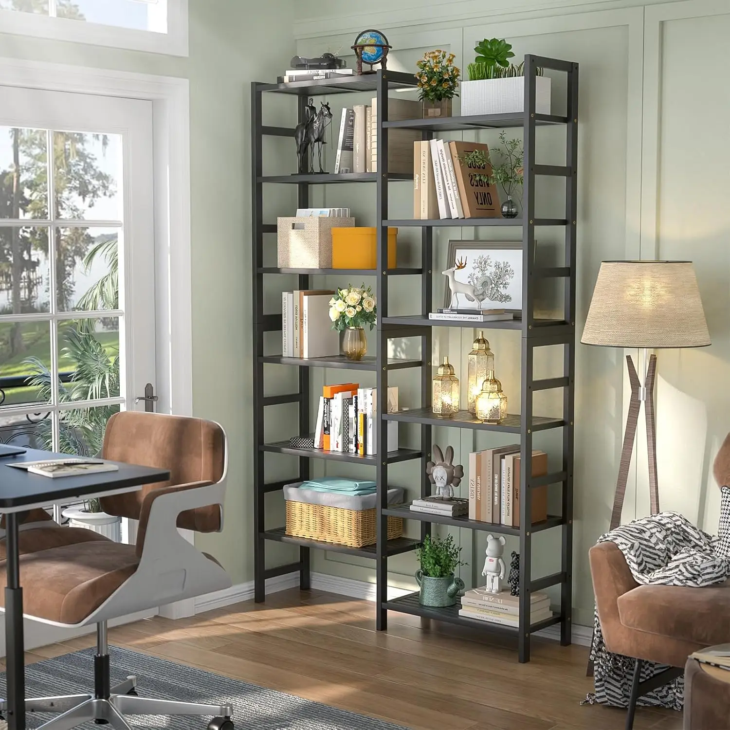 Double Wide Black Bamboo Bookshelf, 6-Tier 6ft Tall Open Bookcase with 12 Display Shelves for Home