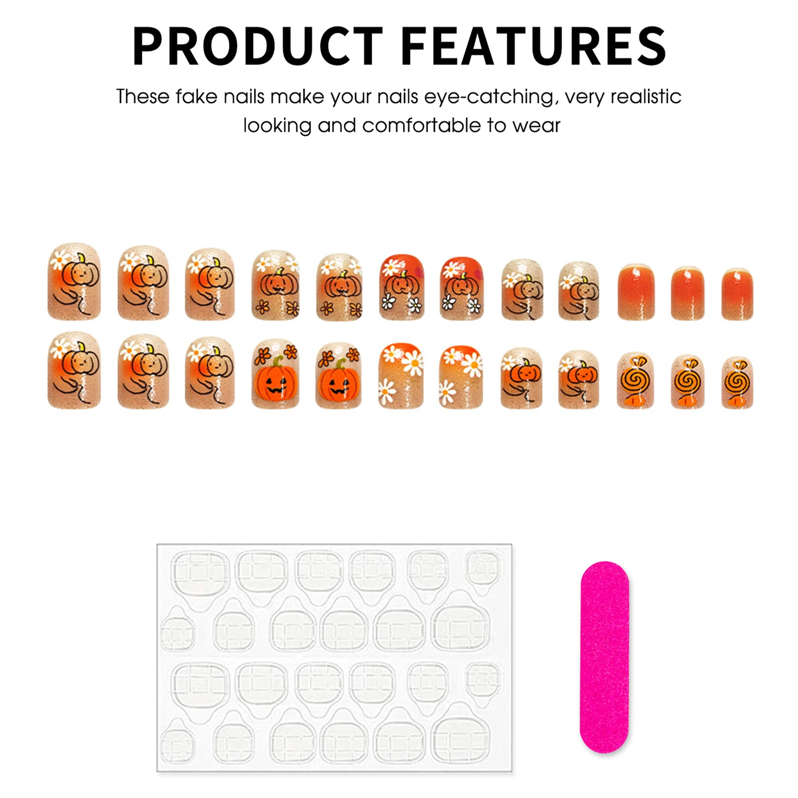 Reusable Press on Nails Orange Glittery for Halloween Party Cute Pumpkin Daisy Resin Fake Nails Short Square Fall Design