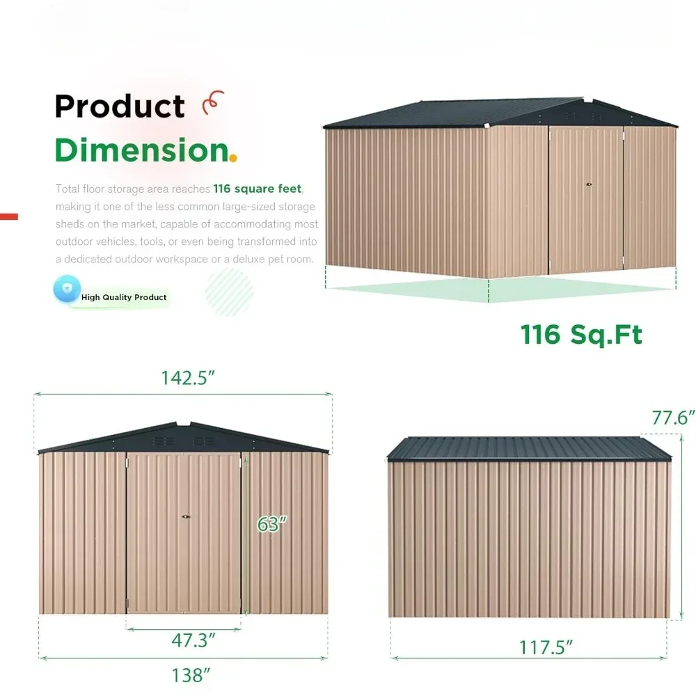 12' x 10' Metal Storage Shed for Ourdoor, Extra Large Steel Yard Shed (116 Sq.Ft Land) with Design of Lockable Doors for Garden