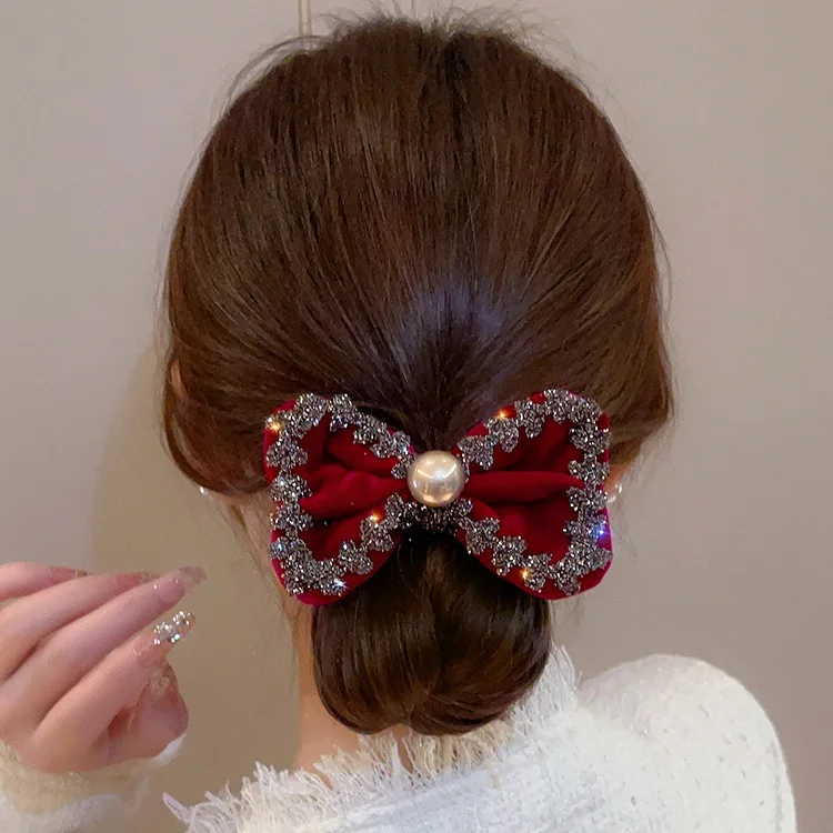 Autumn and Winter New Style Red Velvet Rhinestone Bowknot Big Intestine Hair Band Ponytail Rubber