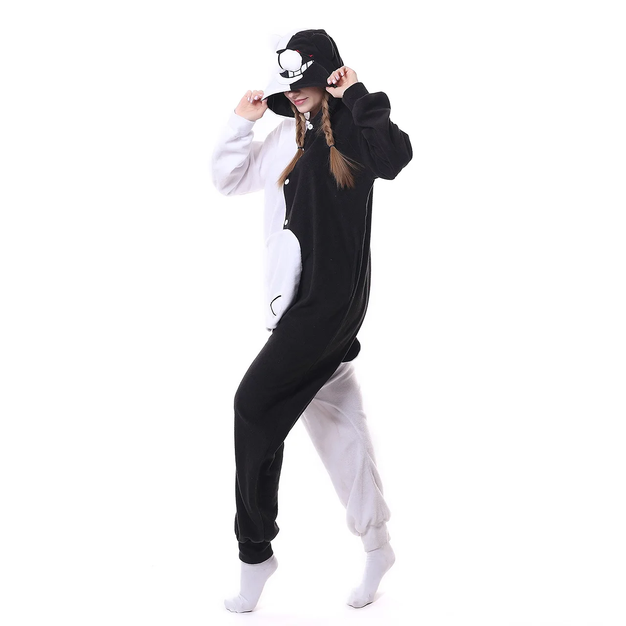 Monokuma Onesie Women Men Kigurumis Unicorn Animal Pajama Cartoon Slippers Festival Homewear Winter Warm Suit Button Overalls