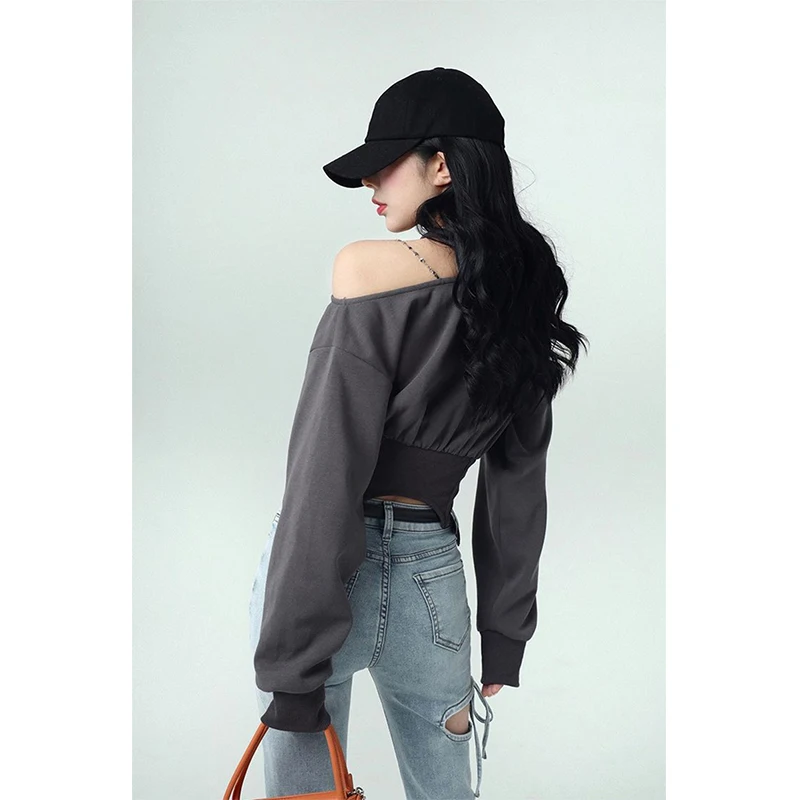 MEXZT Y2K Sweatshirt Women Sexy Off Shoulder Bandage Crop Pullover Streetwear Harajuku Print Halter Long Sleeve Casual Hoodies