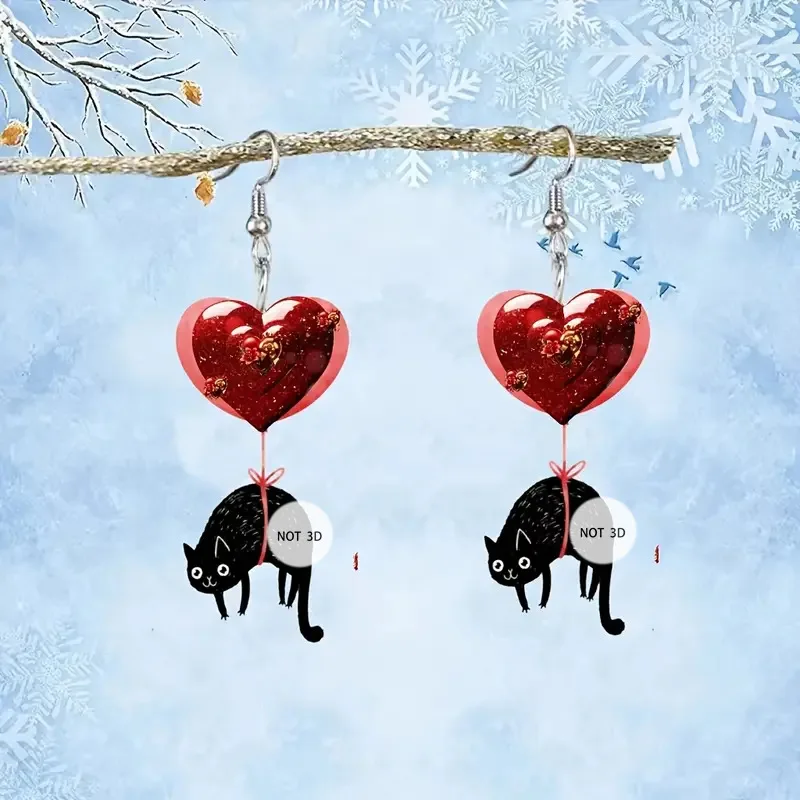 YAOLOGE2025 ใหม่มาถึงหัวใจสีแดงบอลลูนแมวต่างหูวัสดุอะคริลิคผู้หญิงส่วนบุคคล Eardrop ของขวัญวันวาเลนไทน์