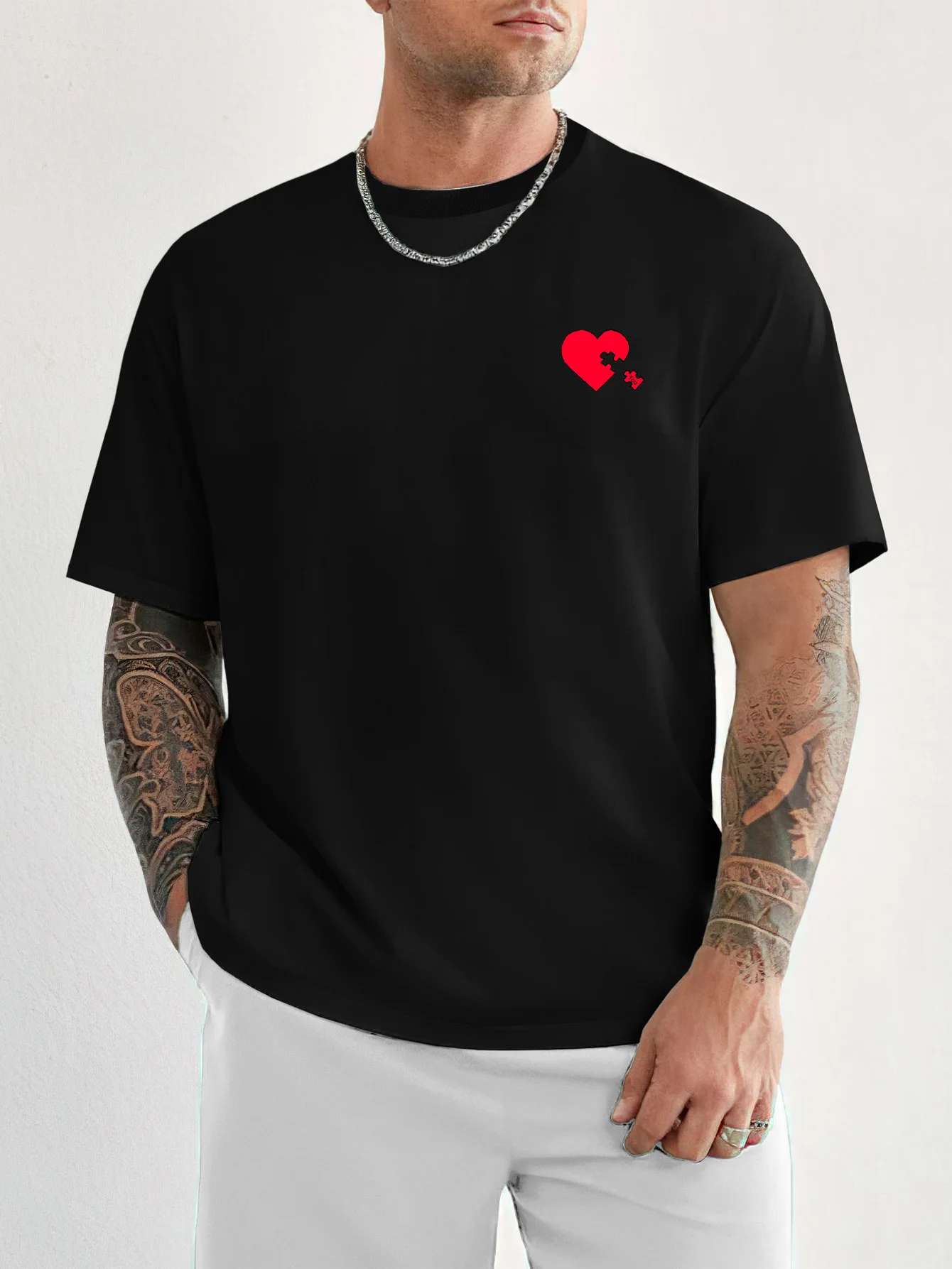 

Summer Chic Mens T-Shirt with Heart Letter Print Casual Breathable Polyester Round Neck Tee