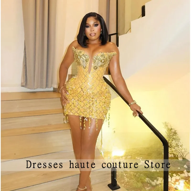 Gold Mini Party Dress 2026 Luxury Rhinestones Sleeveless Short Prom Gowns Birthday Dress For Woman 2026 Customized - view 4
