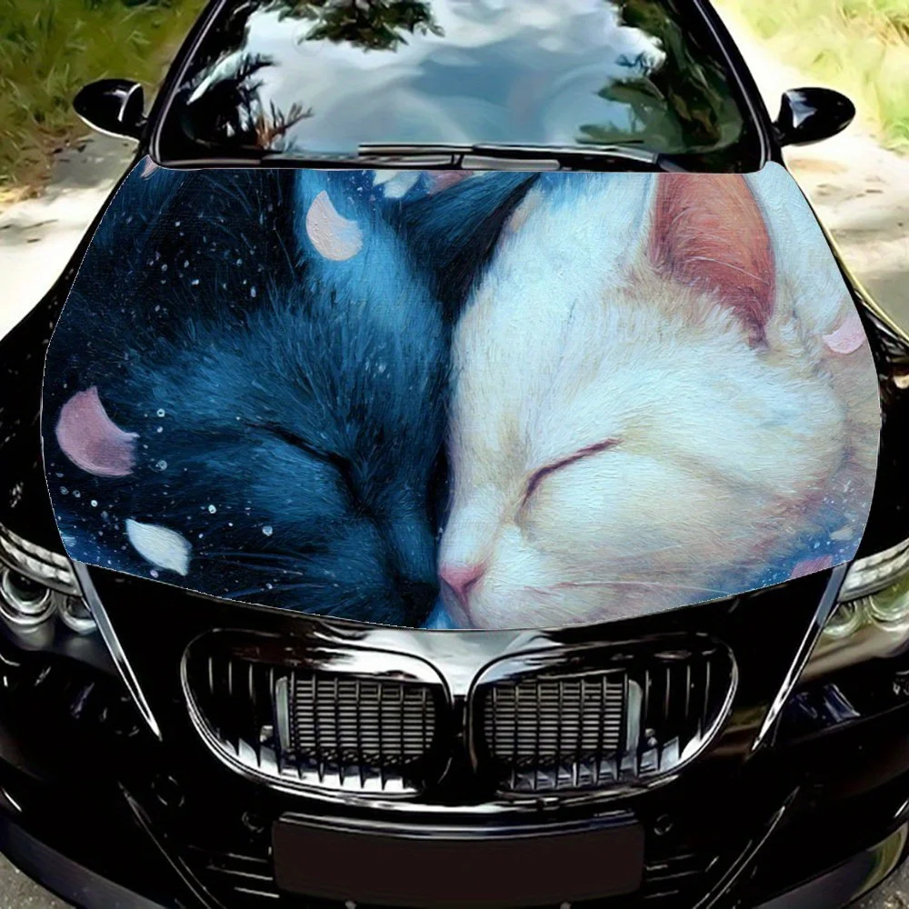 Whimsical Sweet Cats Cuddling Kittens with Hearts Petals Car Hood Sticker PVC Self Waterproof stick, Striking Auto Exterior Acce