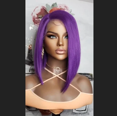 Peluca corta y recta con encaje frontal para mujer, pelo morado, moda