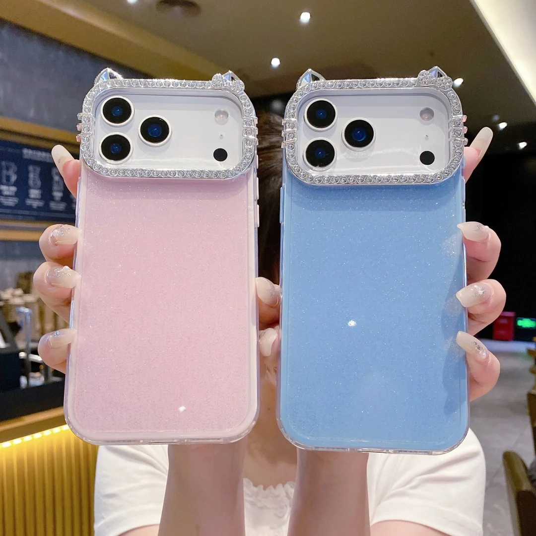 

Корейский милый аниме чехол для телефона с кошачьими ушками и мультяшными ушками для iPhone 17, 16, 15, 14, 13, 12, 11 Pro Max, однотонная блестящая задняя крышка ﻿