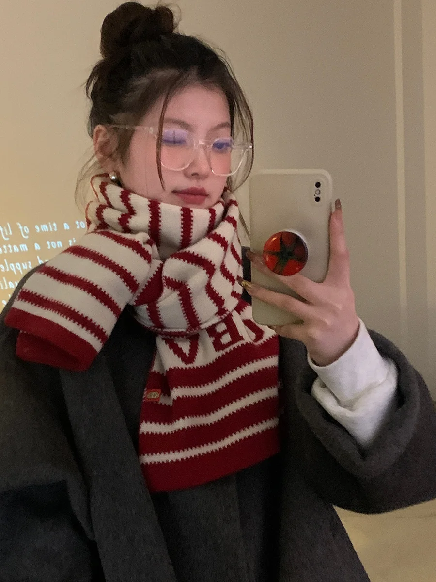 

Red Striped Knitted Scarf For Girls To Keep Warm In Winter A Thickened Versatile Neck Warmer And Shawl