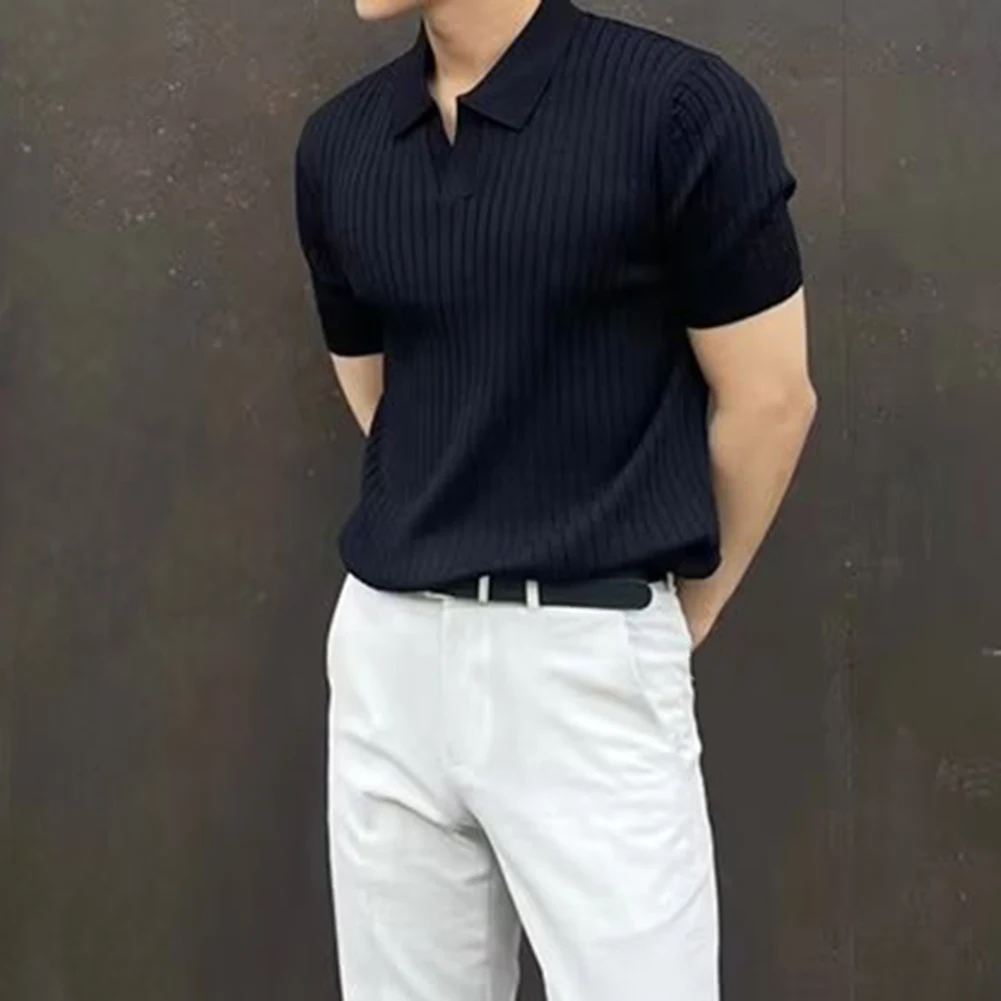

Black Casual Short Sleeves Versatile Knitted Tops Versatile Thin Fabric Slight Stretch Fit Solid Color Pattern