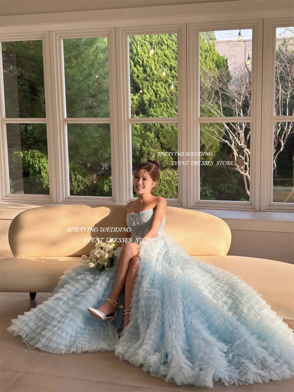 SPRAYING – robe de soirée en Tulle bleu ciel, pour séance Photo de mariage coréen, en dentelle, longue traîne, robe de soirée, Corset personnalisé