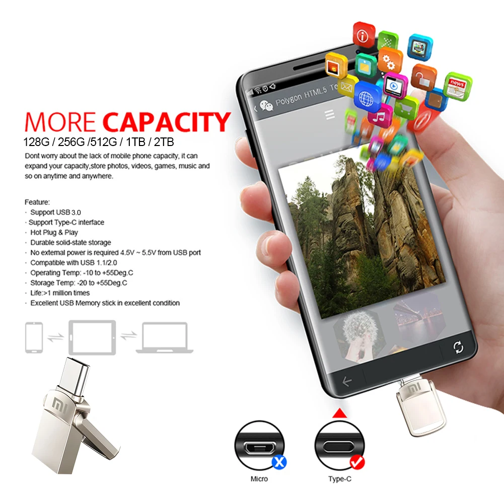 Xiaomi 2TB USB Flash Drive USB 3.2 Fast Type C Pen Drive Memory Stick High Speed Data 1TB For Computers Phone PC Fast Pendrive
