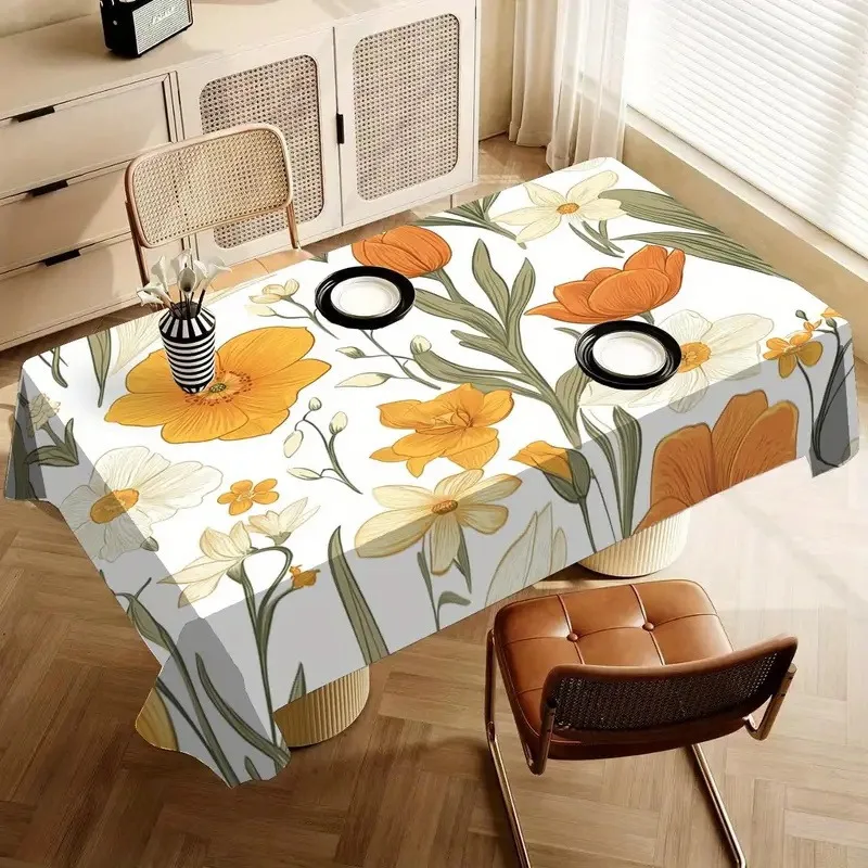 Waterproof Floral Botanical Tablecloth Polyester Dining Table Cover Yellow Orange Print Summer Spring Kitchen Decor Washable