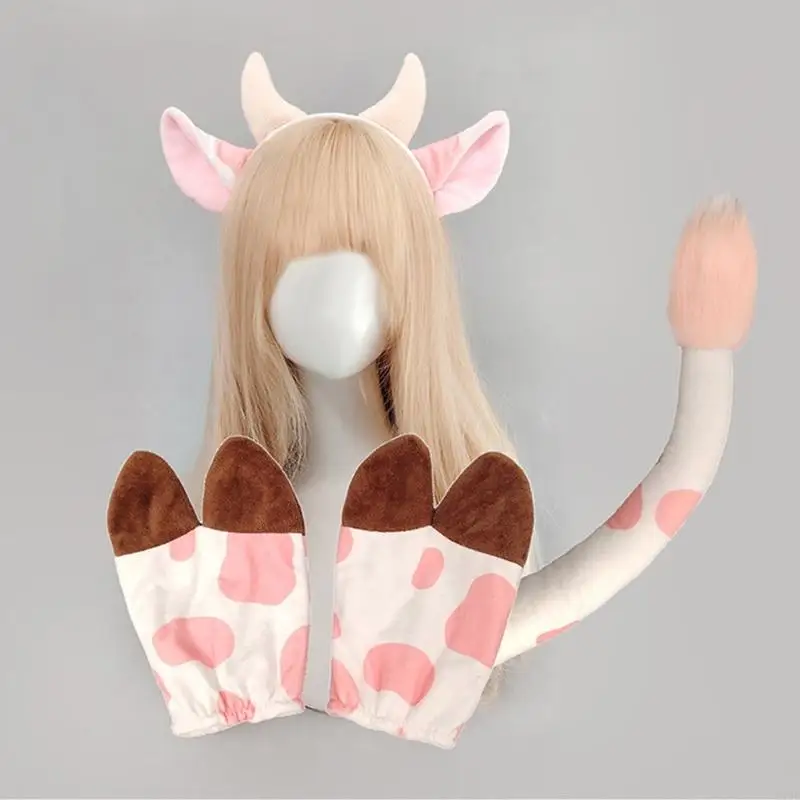 270D Koe Kostuum Set Koe Oren Hoofdband Staart Handschoenen Kid Volwassenen Dier Cosplay Kostuums voor Halloween Kerstfeest