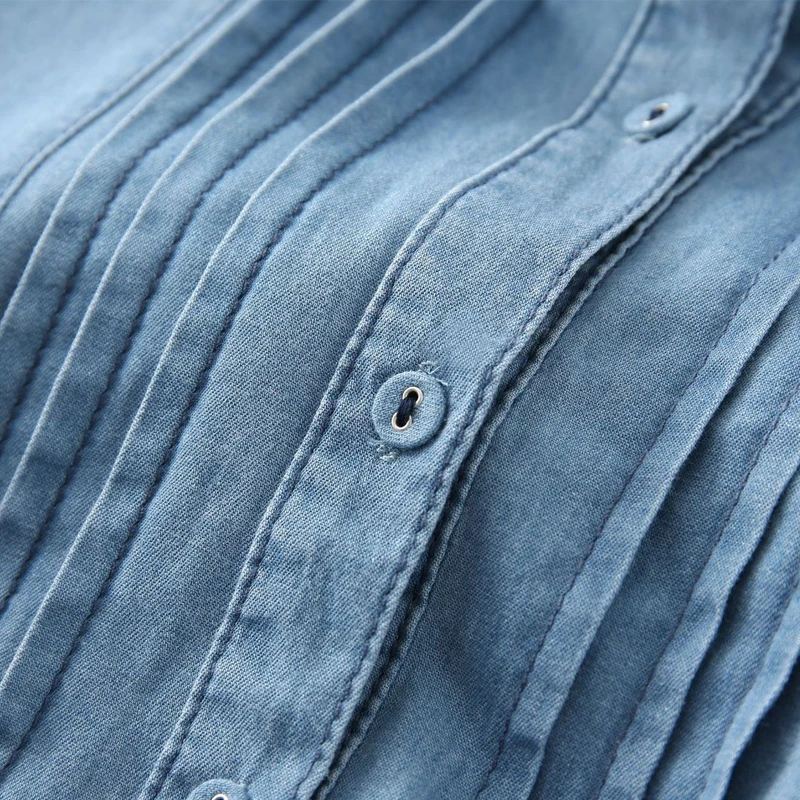 New 2025 Autumn Long Sleeve Denim Shirt, Women Turn-down Collar Folds, Mori Girl French Retro Versatile Loose Blouse T59949CC