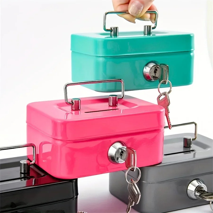Steel Cash Box with Key Lock, Metal Small Money Organizer with Money Tray, Cash Storage Box with Lockable Cover
