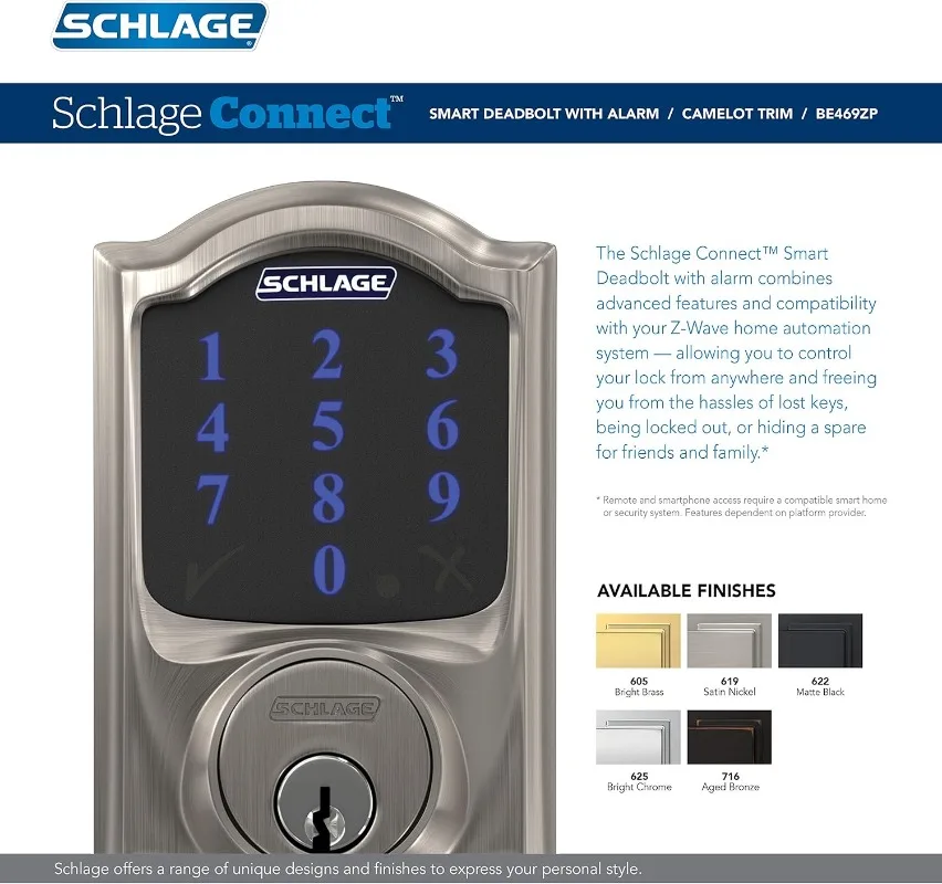 Imagem -03 - Schlage-conecte o Smart Deadbolt com Alarme Inbuilt Camelot Trim Bronze Envelhecido Be469zp Cam 716