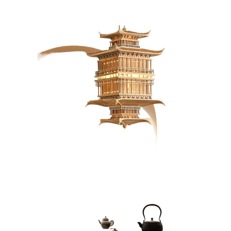 

New Chinese antique architectural chandelier, Zen Chinese style wood carving palace shape aisle decoration ornaments