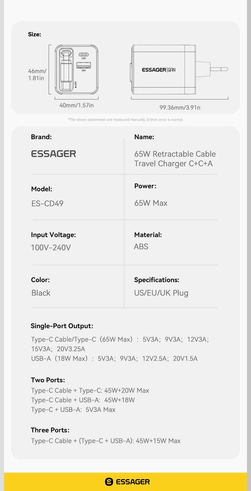 Essager 65W USB-Ladegerät mit Schnellladefunktion und Integriertem Einziehbarem Typ-C-Kabel für Laptops iPhone 16 15 14 Typ-C Reiseladegerät – Detail 9