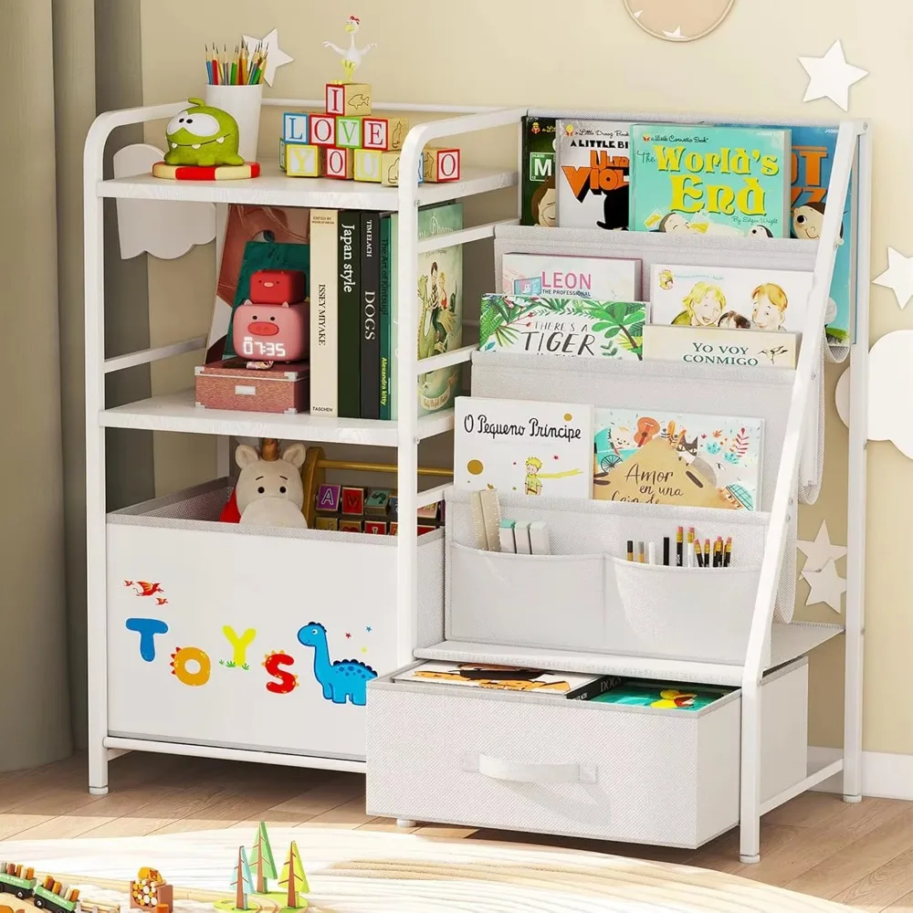 

4 Tier Book Shelf with Movable Toy Box for Kids Rooms, Ideal Bookcase and Toy Organizer for Playroom, Bedroom, Nursery（White）