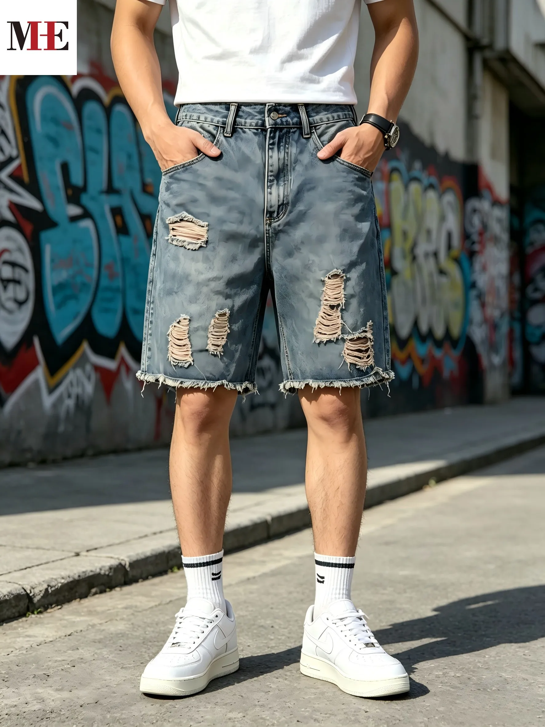 

HME Trendy Loose Fit Denim Pants, Men's Knee Shorts Made of Soft Wear-Resistant Denim with Vintage Ripped Craft