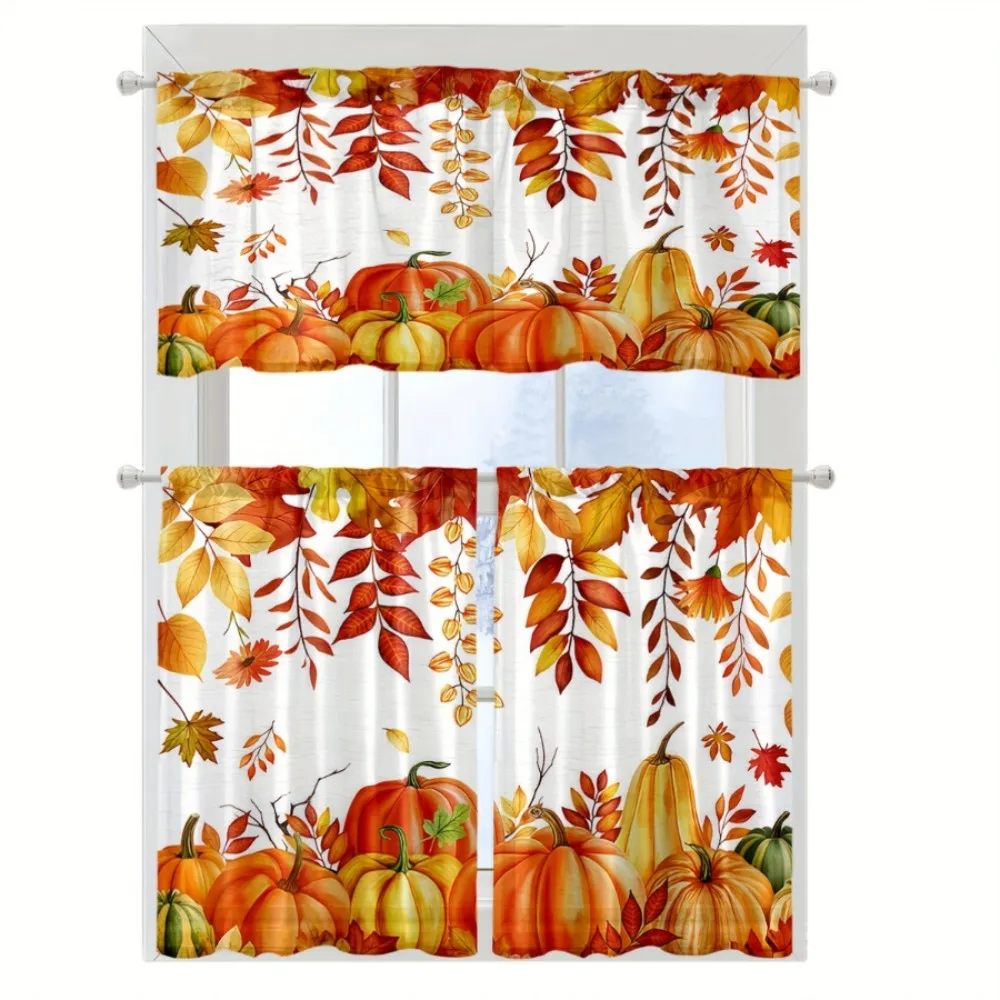 Thanksgiving Fall Kitchen Curtains, Pumpkin Hanging Leaf, Digital Print, Kitchen Dining Room, Rod Pocket Polyester, Home Decor