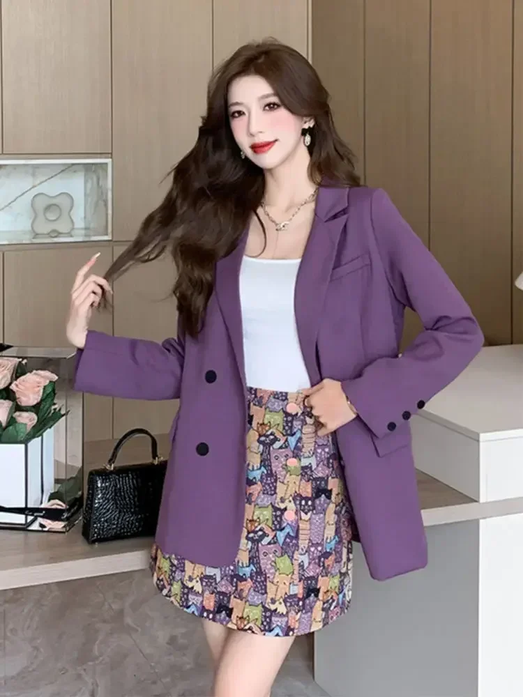 

New Purple Blazers Fashion Top Loose Jacket 2 Piece Sets Womens Outfits Vintage High Waist Printed Skirts Suits Autumn New Y2k