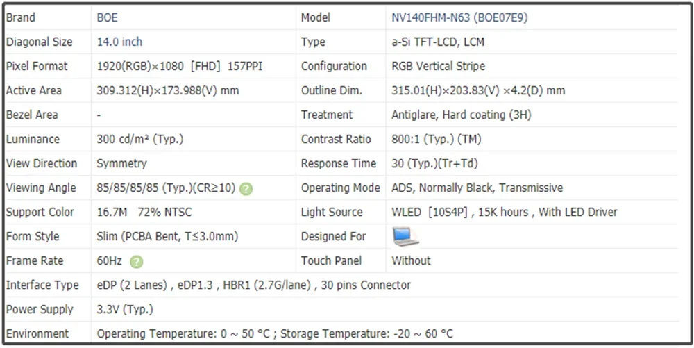 NV140FHM-N63 14 Inch Laptop Display Screen Panel FHD 1920x1080 EDP 30pins IPS Non-touch