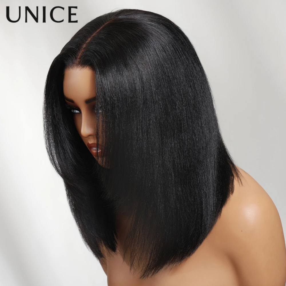 

UNice Yaki Straight Bob Wig Human Hair 7x5 Lace Pre Cut Pre Bleached Glueless Wig Ready To Wear