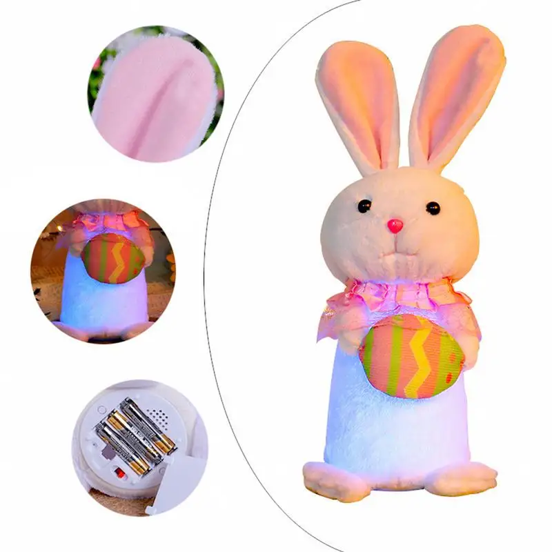 Easter Bunny Plush LED Light Easter Rabbit Plushie Standing Bunny Statue Cute Squishy Plushie Toy Cute Bunny Ornaments Plush For