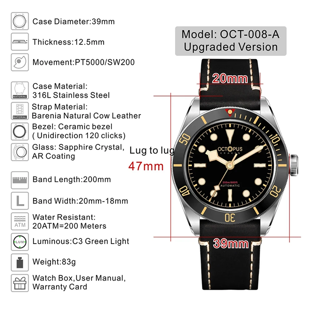 Octopus Kraken Diver Watch BB58 39mm Vintage SW200 Movement Automatic Mechanical Sapphire Crystal 200M Waterproof Watch For Men