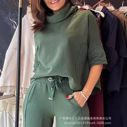 Women Spring Summer 2PCS Turtleneck Half Sleeve Top & Pocket Design Pants Set