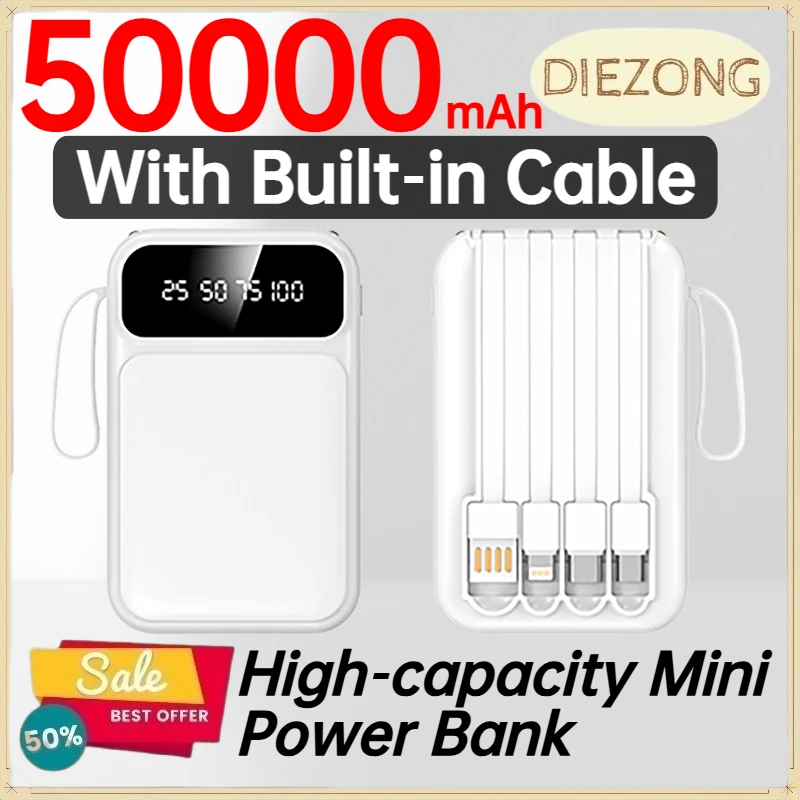 50000mAh Power Bank with Built‑in Cable for IPhone Xiaomi Mobile Phone High‑capacity Mini Power Bank