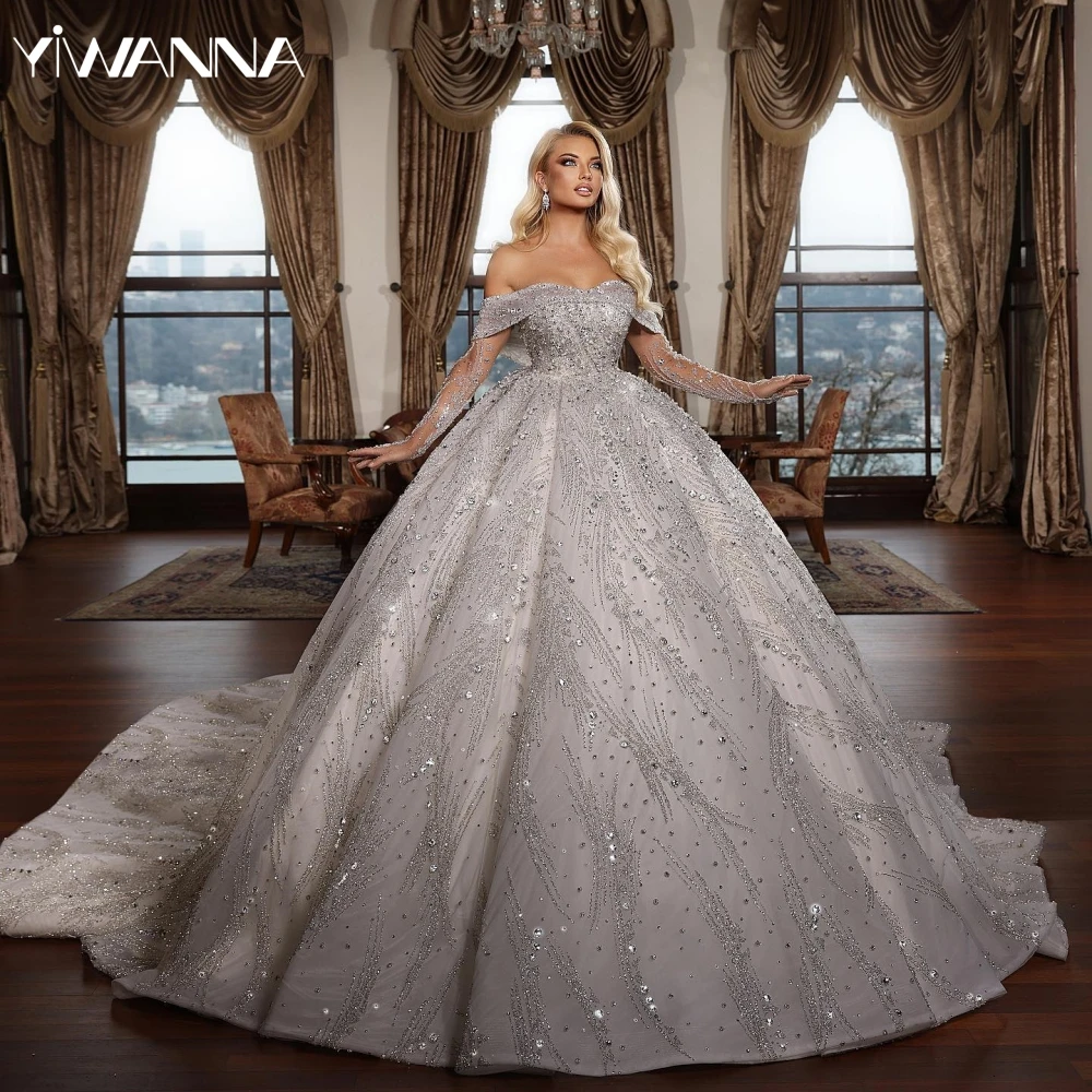 

Sparkly Beaded Sweetheart Neck Wedding Dress With Train Charming Off Shoulder Bridal Gown Customized Crystal Dresses For Bride