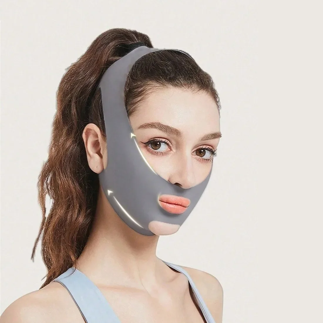 

The whole family can use this gray V-shaped headband to help prevent snoring. It features a face-lifting