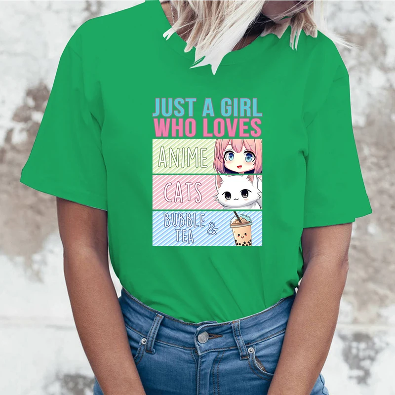 Just A Girl Who Loves Anime Cats Boba T-Shirt Women T Shirt Cosplay Clothes Streetwear Tee Shirt Plus Size Tops