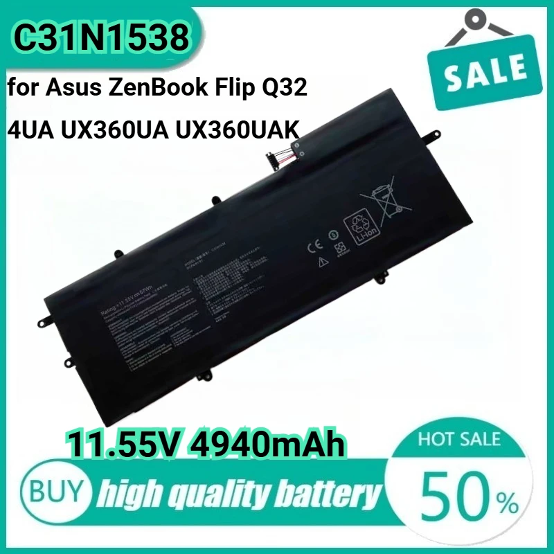 

11.55V 57Wh 4940mAh C31N1538 Laptop Battery for Asus ZenBook Flip Q324UA UX360UA UX360UAK UX360UA UX360UA-1A UX360UA-1B.