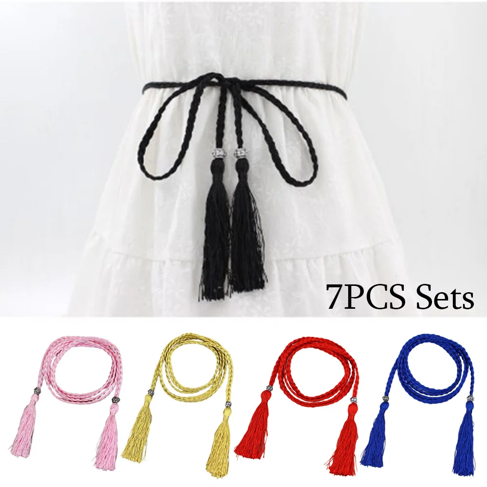 

7PCS Skinny Thin Dresses Waist Belt Woven Fringes Waist Rope Self Tie Waist Chain Knot Decorated Waistband Ethnic Simple Belts