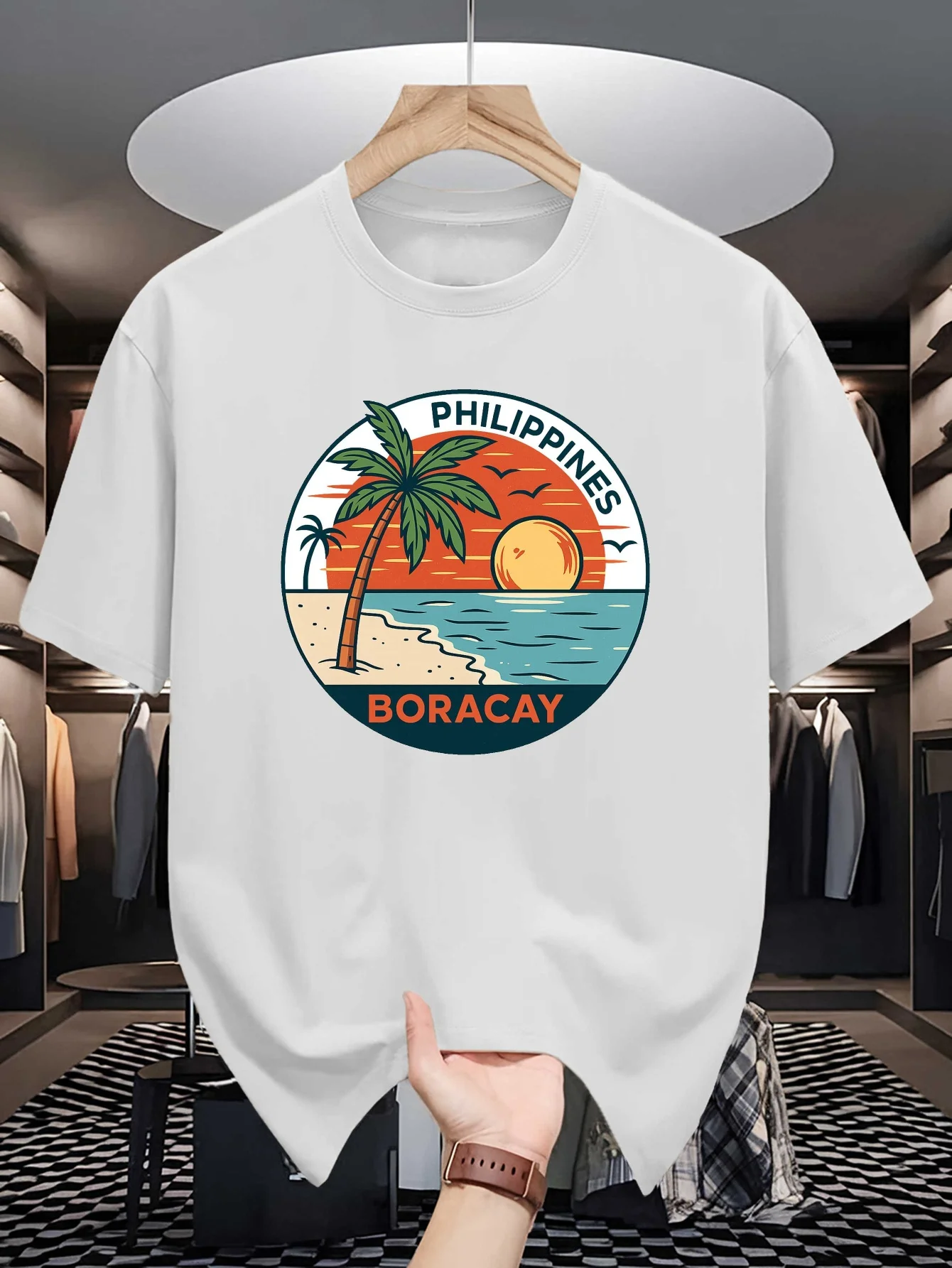 Camiseta Básica Masculina Laranja com Estampa Retrô Circular de Pôr do Sol na Praia de Boracay, Camisas Casuais para Viagem e Férias em Ilhas Tropicais