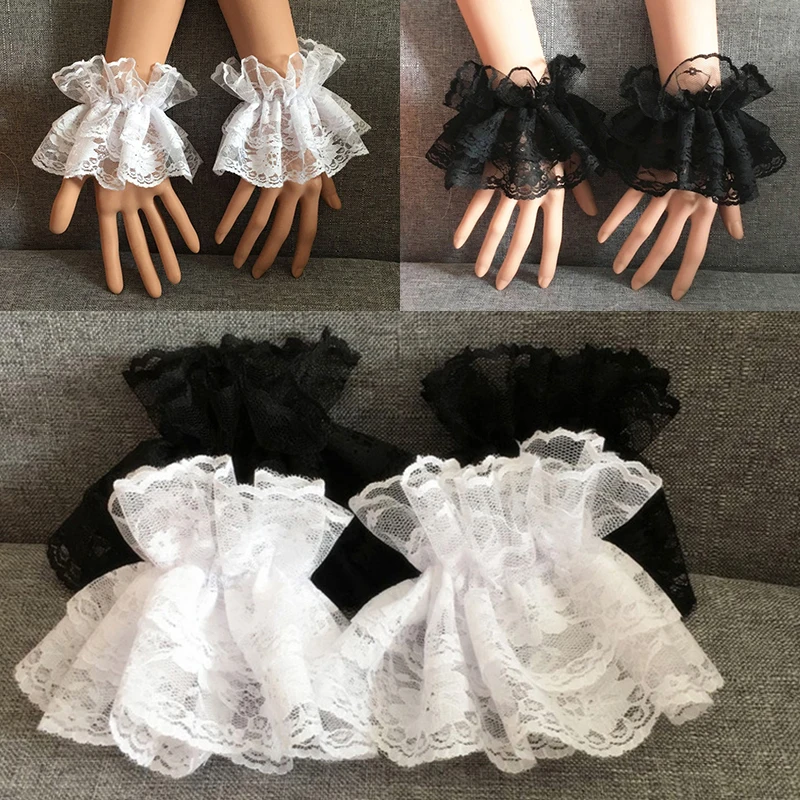 1 Pair Lolita Hand Sleeve Wrist Cuffs Ruffled Floral Black Lace Elastic Bracelet Elegant Women Girls Wrist Warmers Gloves Gift