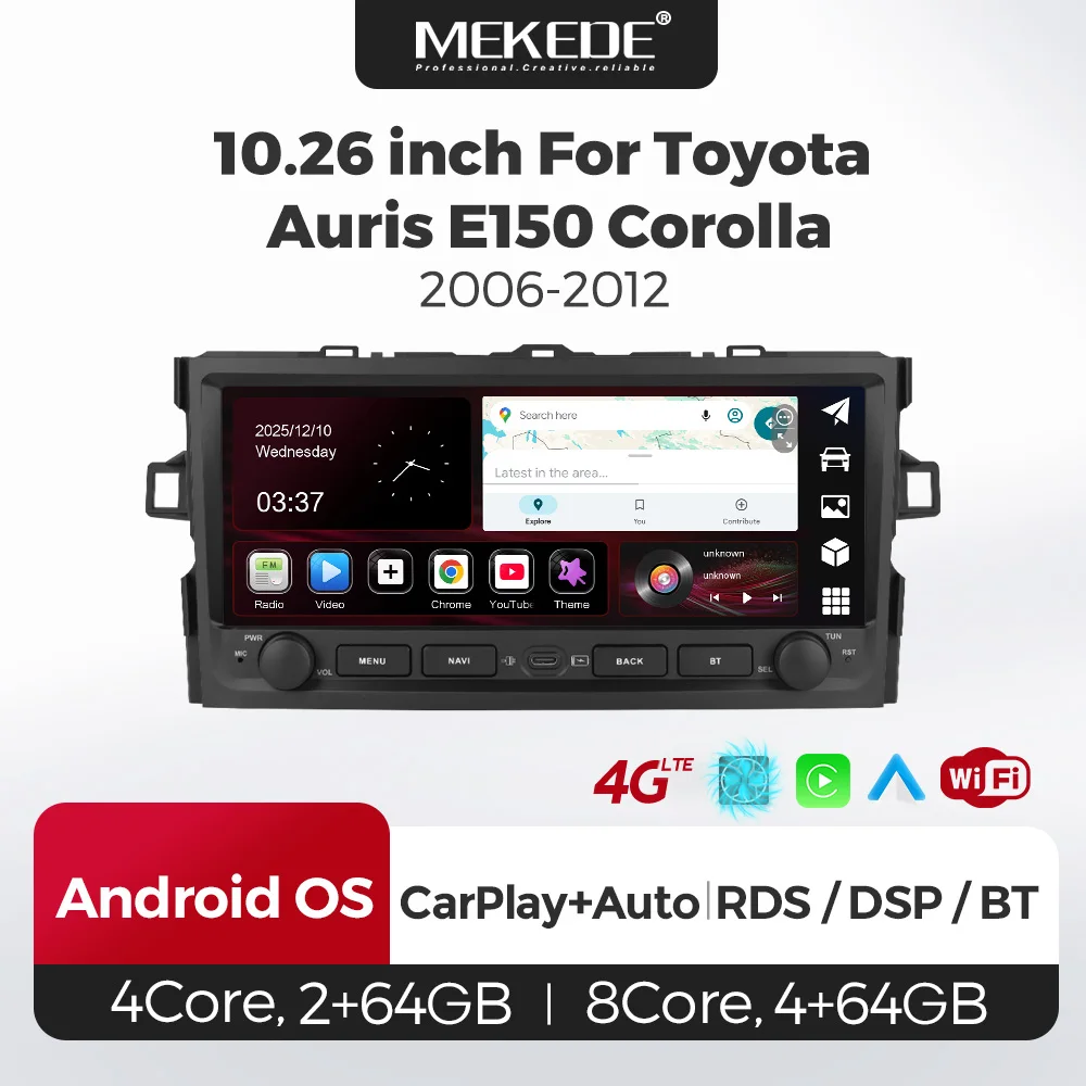 8 Core 4+64GB Car Radio For Toyota Auris Corolla 2006-2012 Android 15 Multimedia Player BT 4G WIFI DSP RDS Carplay Android Auto