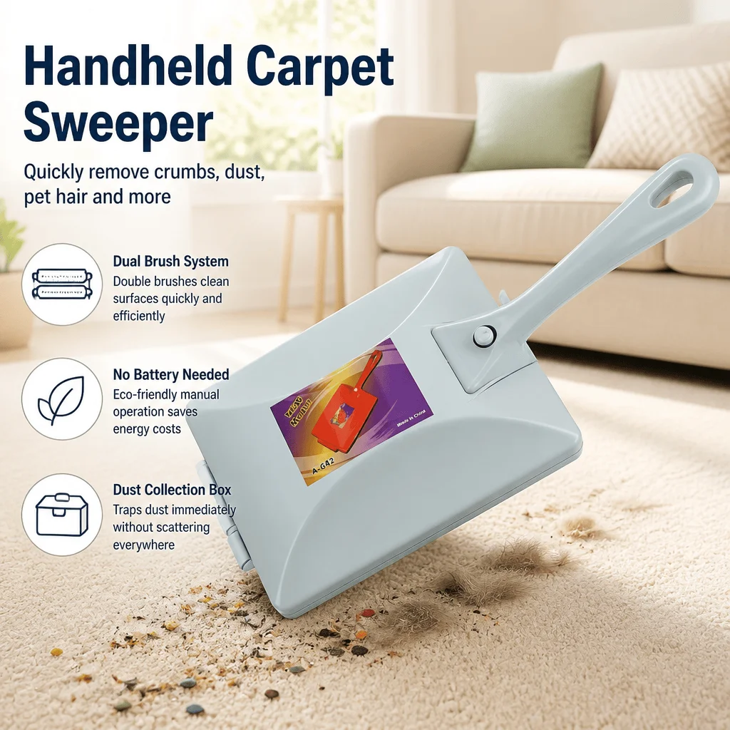 Carpet Sweeper Pet Hair Remover Handheld Crumb Cleaner Sofa Table Sweeper Dual Brush System No Battery Washable Fur Dust