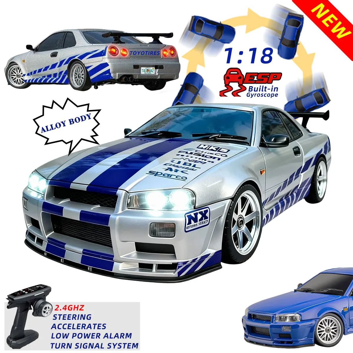 

LD1899 New Upgrade 1：18 GTR R34 Model LDRC Drift Car 2.4GHz with Gyroscope on-RWD Road Racing Car for Boys Christmas Gifts